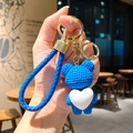 Blue woven crochet bear keychain with white heart pendant and braided strap - Bear (B255-5) / Single Piece / Blue