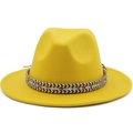 Classic bright yellow wool fedora jazz hat with ethnic braided band for men and women - M (56-58cm) / Ethnic Jazz Hat / Yellow
