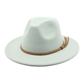Detail of mint green wool fedora hat featuring a brown braided leather band and tassels - M (56-58cm) / Mint Green