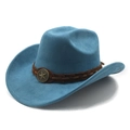 Classic light blue suede cowboy hat with brown braided band and vintage metal star emblem - M (56-59cm) / Peacock Blue (Suede)