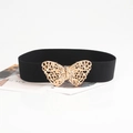 Elastic black waist belt featuring a decorative large golden hollow butterfly buckle - Black