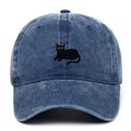 Detail of black cat embroidery on navy washed denim cotton baseball cap with neat stitching - Adjustable / Navy Blue