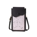 Vertical black crossbody phone bag with pink floral pattern and gold metal hardware - Black