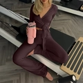 Ensemble de yoga 2 pièces pour femmes en violet foncé avec haut manches longues et legging - S / Marron