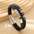 Men's multilayer braided leather bracelet with geometric alloy magnetic clasp on wood - Black + Silver Steel