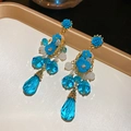 Elegant floral drop earrings with blue crystal water droplets and white pearls - Silver Needle Style (24#)