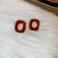 Rounded Square Red Gold Pearl Studs