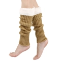 Detail of khaki knit leg warmers with white faux fur trim and cozy texture - One Size / Camel