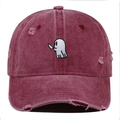 Detailed embroidery of a ghost with a knife on a distressed burgundy washed cotton cap - One Size / Burgundy