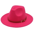 Detailed view of rose red wool felt fedora with a brown leather belt and golden buckle - M (56-58cm) / Rose Red