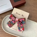 Girl floral fabric bow hair clip with pink velvet knot on a display card - Single Bow Style / Pink Bow Hair Clip