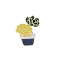 Macro detail of enamel succulent plant brooch with green leaves and a blue flower pot - Blue White Pot Yellow Green Succulent (C1119-6)