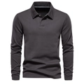 Makroaufnahme von anthrazitgrauem langärmeligem Poloshirt aus Baumwolle mit Kragendetails - S / Dunkelgrau
