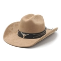 Western camel faux suede cowboy hat with silver bull head ornament and leather band - M (56-57cm) / Camel Faux Suede