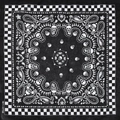 Black cotton bandana featuring white paisley and skull patterns with checkered border - Checkered Border Skull (N-05)