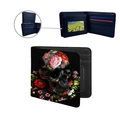 Cartera de cuero con estampado de calavera y flores y múltiples ranuras para tarjetas - Calavera de Flores de Colores Negra