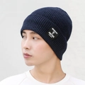 Navy blue sequined knit beanie with a stylish rectangular patch for men and women - Navy Blue
