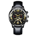 Geneva men's chronograph watch with black leather strap and black gold dial features - Black Band Black Needle