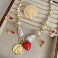 18k gold-plated beaded necklace with pearls, cherry charm, red heart and coin pendant - Pearl Coin Heart Cherry Necklace / Pearl Gold Red