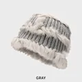 Gray knitted rabbit fur beanie for women with textured stripes and warm fleece design - M (54-58cm) / Gray