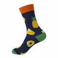 Dunkelblaue Crew-Socken mit gelbem Ananasmuster und orangefarbenen Bündchen für Damen - Dunkelblau Ananas