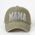 Olive green washed cotton baseball cap with white MAMA embroidery and adjustable strap - One Size / Dark Khaki