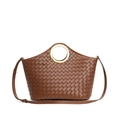 Brown woven leather handbag with circular metal handle and adjustable shoulder strap - Caramel color