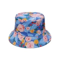 Close-up of summer sun hat featuring blue fabric with pink rose and yellow flower print - M (56-58cm) / Blue Base With Pink Roses Floral (I)