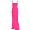 Detailed view of a slim-fit pink backless maxi dress on a mannequin with draped hemline - S / Rose Red