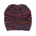 Close-up of multicolor chunky knit beanie showing detailed weave texture and vibrant yarn - Orange Purple Black