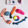 Detailed set of colorful cotton rope dog toys and a textured rubber teething ring for pets - 6-Piece Set Approx 320g