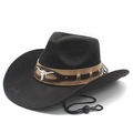 Zwarte western cowboyhoed met brede rand, bruine runderkopband en verstelbaar koord - M (56-58cm) / Zwart