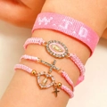Pink religious multi-layered bracelet set with WWJD cross and Virgin Mary charms - Multi-Piece Set / Pink Mixed Set