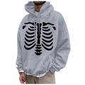 Gray oversized fleece hoodie with black skeletal rib cage print and kangaroo pocket - S / Tops / Gray