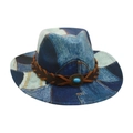 Cappello jazz in denim patchwork stile inglese con cinturino intrecciato e turchese - Blu Reale