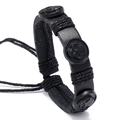 Bracciale retrò in pelle nera con tre teschi e chiusura a cordino regolabile - Nero