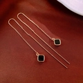 Gold-plated drop earrings with black square pendants on luxurious dark red silk - Black Square Pendant Gold Ear Threader (41#)