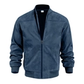 Dettaglio della giacca bomber in camoscio blu scuro con colletto a costine e cerniera metallica - S / Tops / Blu navy