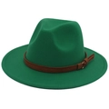 Emerald green wool felt fedora hat with a classic brown faux leather buckled band - Grass Green