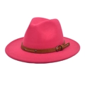 Detailed view of magenta wool fedora hat with brown studded leather belt and silver buckle - M (56-58cm) / Rose Red