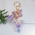 Letter Y keychain with purple resin glitter, butterfly charm and lavender tassel - Letter Y