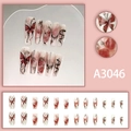 Uñas postizas largas tipo ataúd con rosas rojas y mariposas, set de 24 piezas - A3046 (Estilo Pegamento)