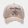 Detailed embroidery of Give Blood text and cross on vintage washed khaki baseball cap - Khaki