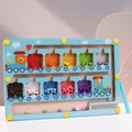 Blue train themed magnetic wooden maze toy with colored beads for counting and sorting - Blue Train Magnetic Bead Maze