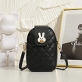 Quilted black mini crossbody phone bag for women with white rabbit metal buckle - Black