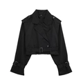 Detail van zwarte double-breasted trenchcoat met riem en verstelbare manchetten - XS / Zwart