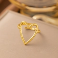 Adjustable 18K gold-plated open ring featuring a large hammered heart-shaped design - Large Hollow Heart Style (F87)