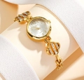Elegant gold quartz watch with white dial and crystal-encrusted heart link bracelet - Gold Clover