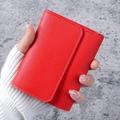 Minimalist bright red tri-fold leather wallet with litchi texture for women - Red