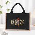 Black canvas tote bag with beige jute trim and golden Boss print design - Black Graphic 2 BOSS